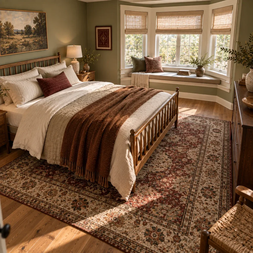 12 Ideas for a Sage Green Farmhouse Bedroom That Feels Warm and Collected 7 Add Burgundy, Rust, or Tobacco for More Depth