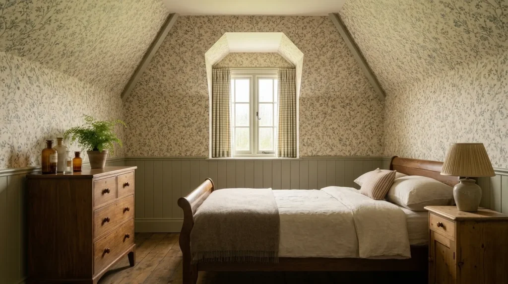 12 Ideas for a Sage Green Farmhouse Bedroom That Feels Warm and Collected 11 Add Soft Botanical or Heritage Wallpaper