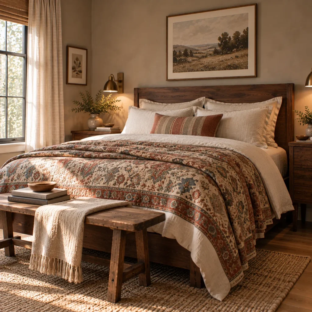 13 Rustic Bedroom Ideas for a Warm, Collected Retreat 9 Add a patterned quilt or blanket
