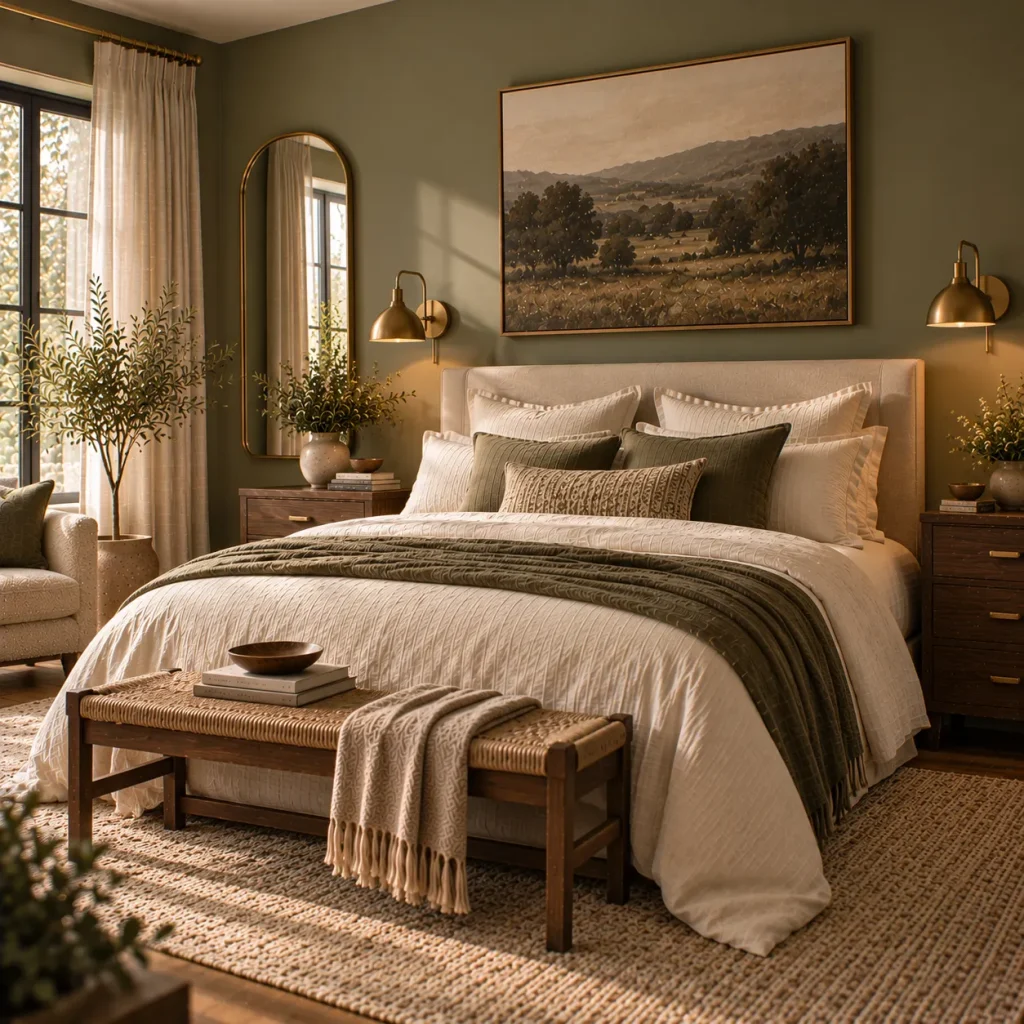 14 sage green and cream bedroom decor tips for a Soft, Layered Retreat 10 Add brass or warm gold hardware and lighting