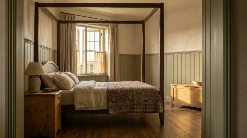 12 Ideas for a Sage Green Farmhouse Bedroom That Feels Warm and Collected 4 Bring in Walnut, Aged Oak, or Old Pine