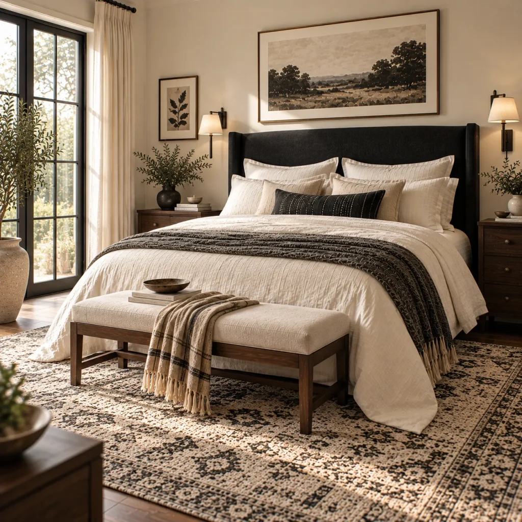 Bring in a patterned rug with imperfect black and cream