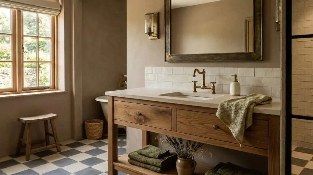 10 rustic farmhouse bathroom designs for Warm Country Charm 5 Bring in aged brass or blackened metal carefully