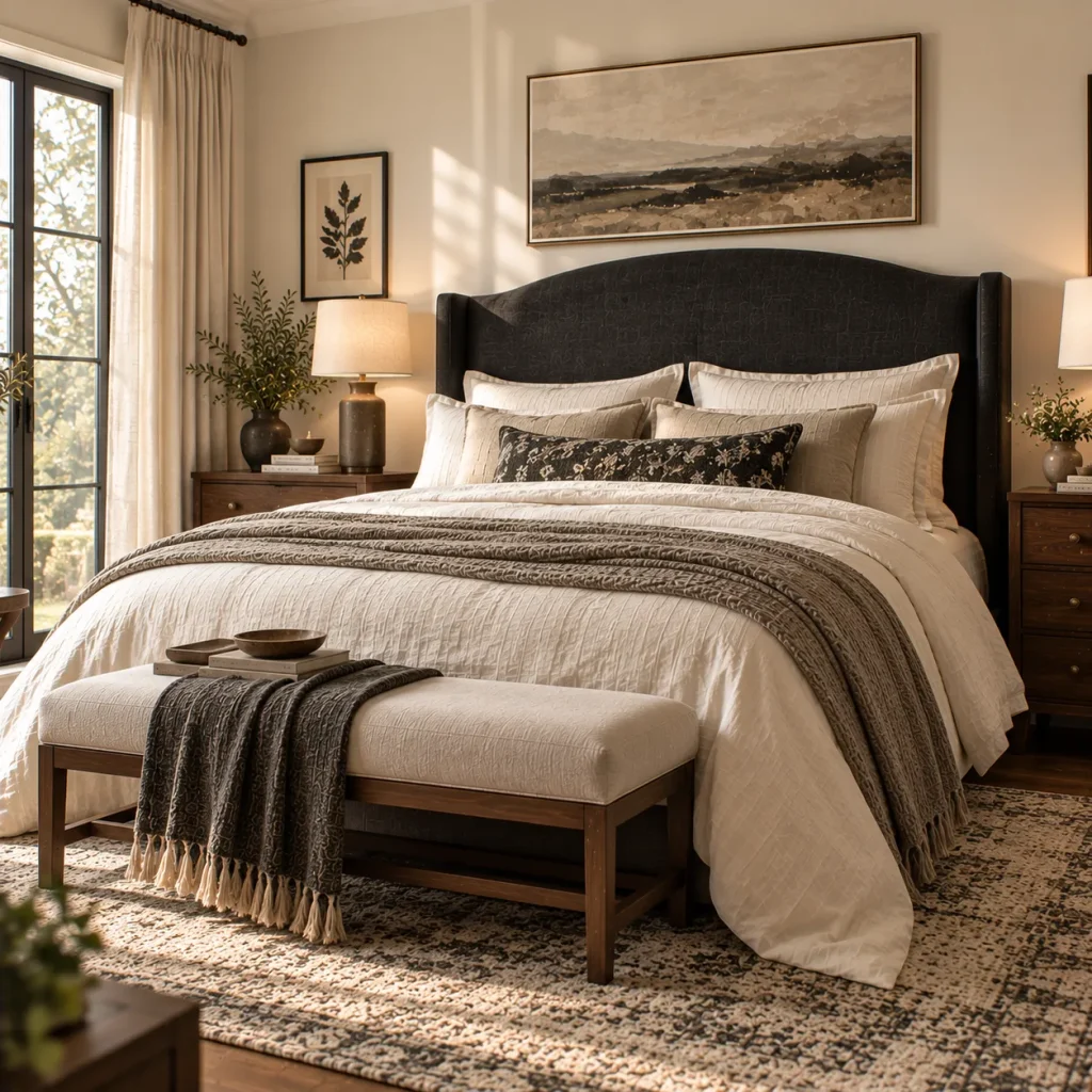 Choose a black upholstered headboard rather than a black metal bed