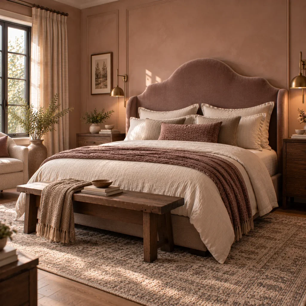 Choose a curved or sculptural upholstered headboard