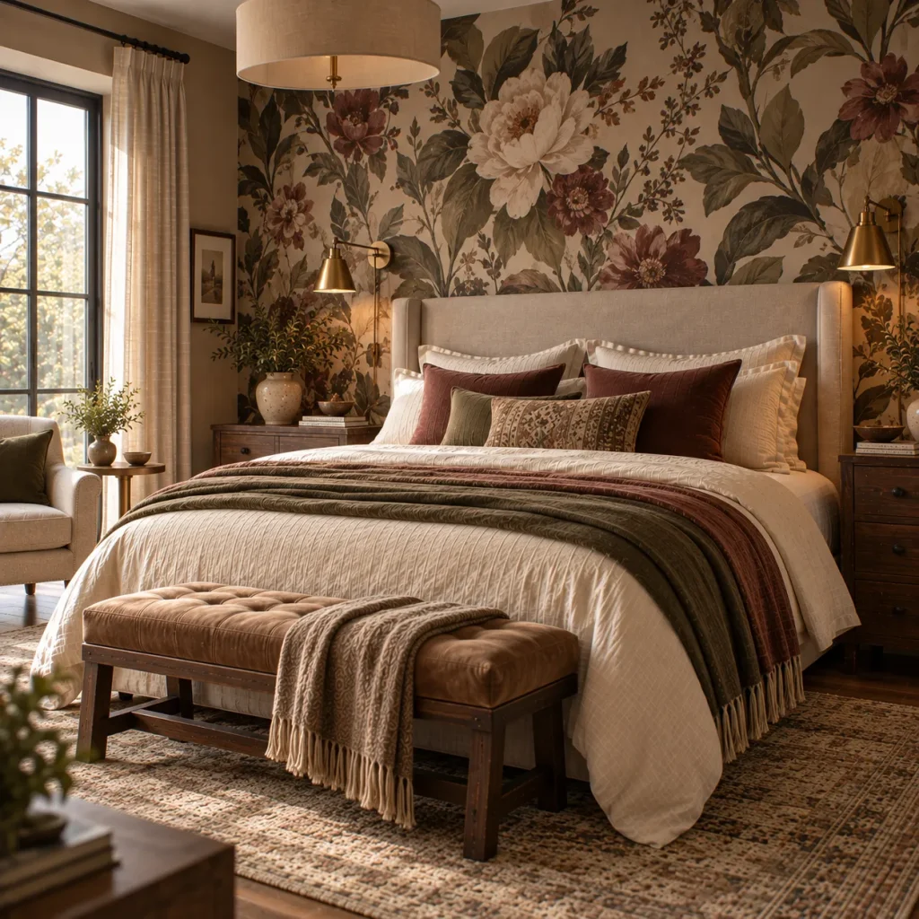 15 bedroom accent wall ideas That Feel Architectural, Not Dated 4 Choose a large botanical or floral wallpaper