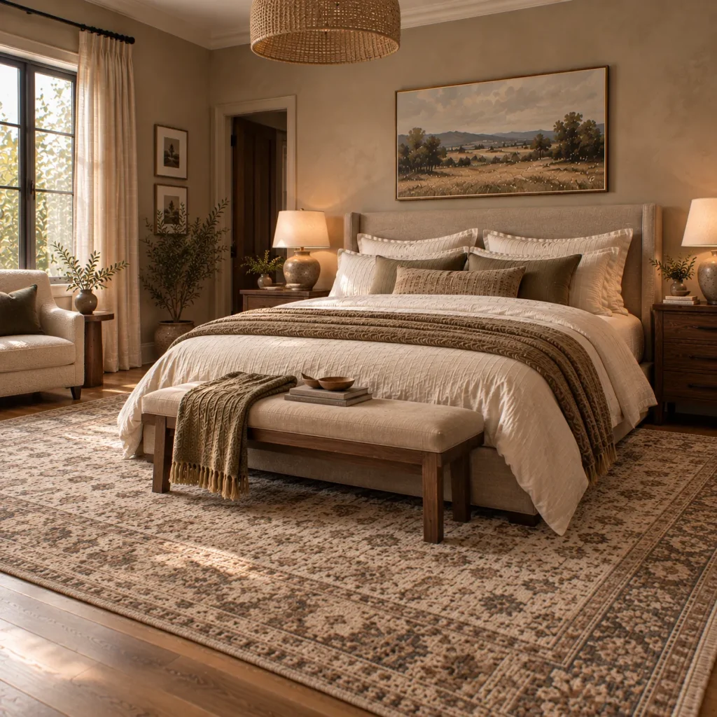 Choose a rug large enough to frame the bed