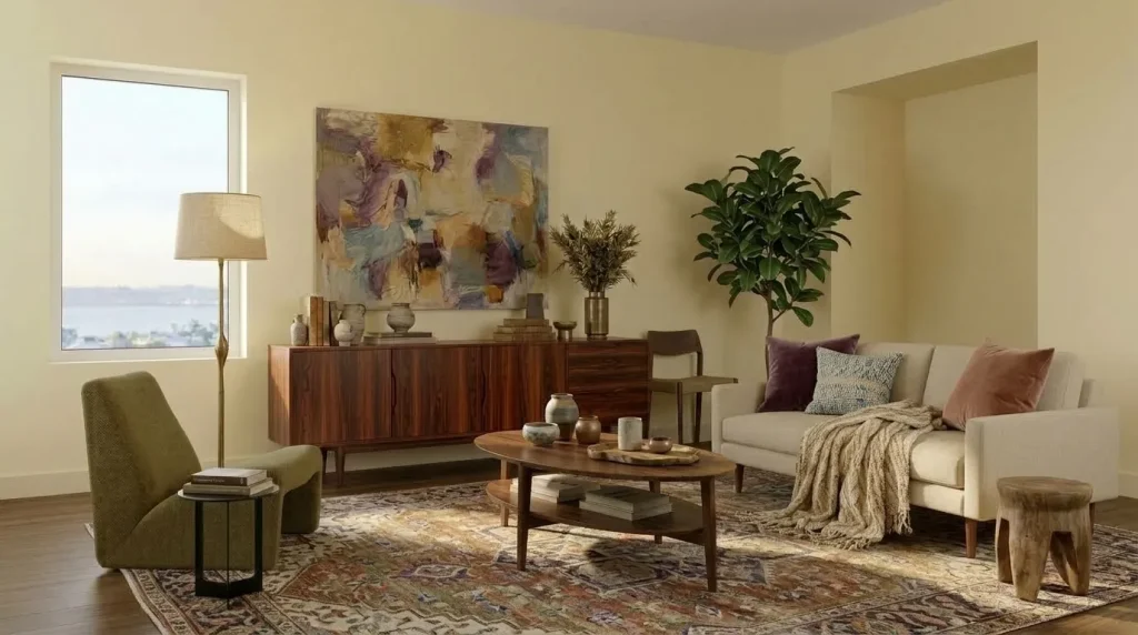 10 Ideas for Combining Boho with Mid Century Modern for Living Rooms That Feel Collected 3 Choose a sofa with clean lines, then make it softer