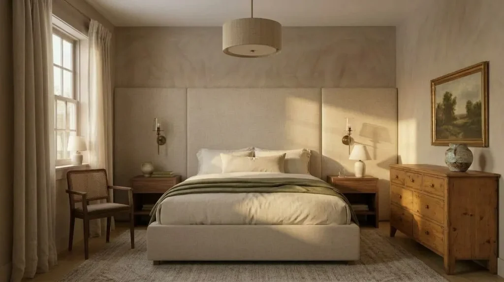 Choose a softer headboard instead of another rustic wood surface
