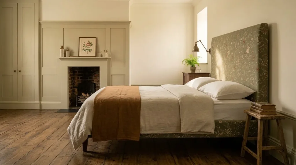 12 Ideas for a Sage Green Farmhouse Bedroom That Feels Warm and Collected 8 Choose an Upholstered Headboard With Botanical or Stripe