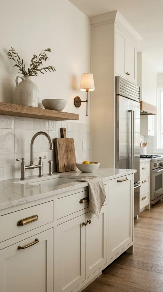 12 modern farmhouse kitchen tips for a Warm, Current Kitchen 10 Choose hardware in a mix of warm metals” and before “Tip 12 Edit the accessories with restraint