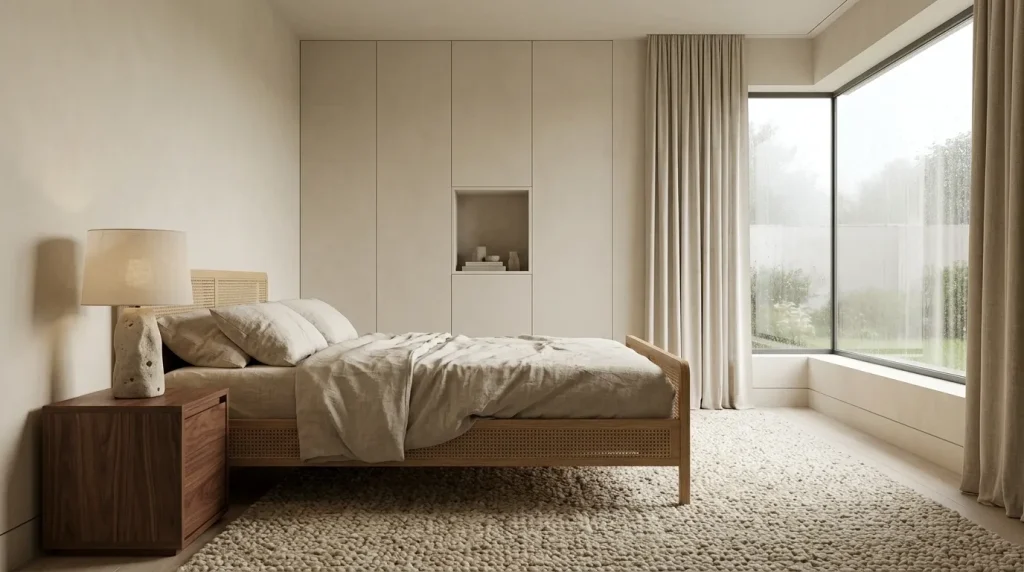 10 Minimalist Bedroom Tips for a Calm, Warm, Uncluttered Space 8 Combine Wood, Linen, Wool, and One Mineral Surface