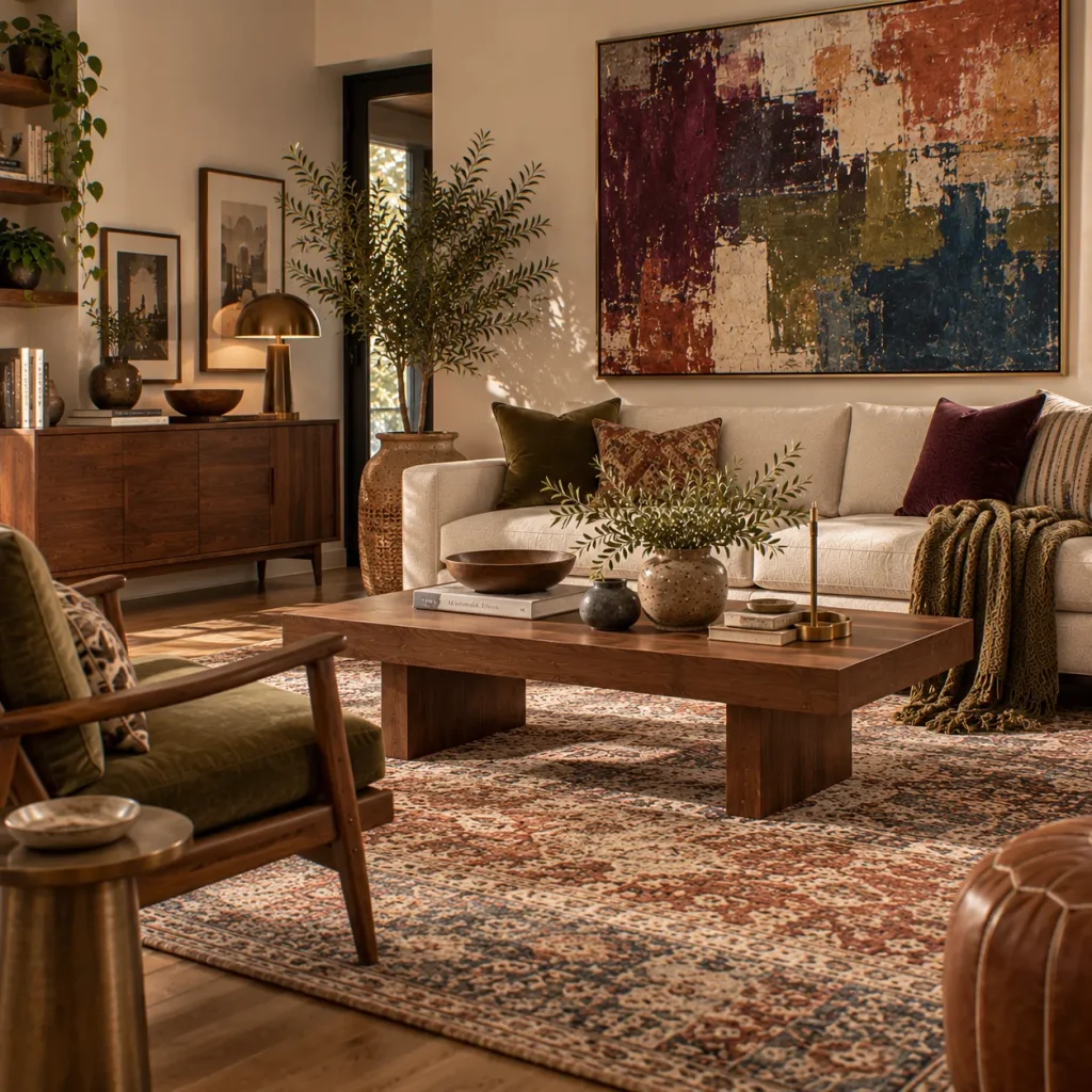 10 Ideas for Combining Boho with Mid Century Modern for Living Rooms That Feel Collected 10 Combine bold art with quieter furniture