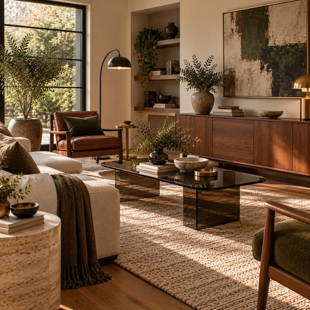 10 Mid Century Modern Living Room Ideas That Feel Fresh in 2026 6 Combine wood with stone, glass, and metal