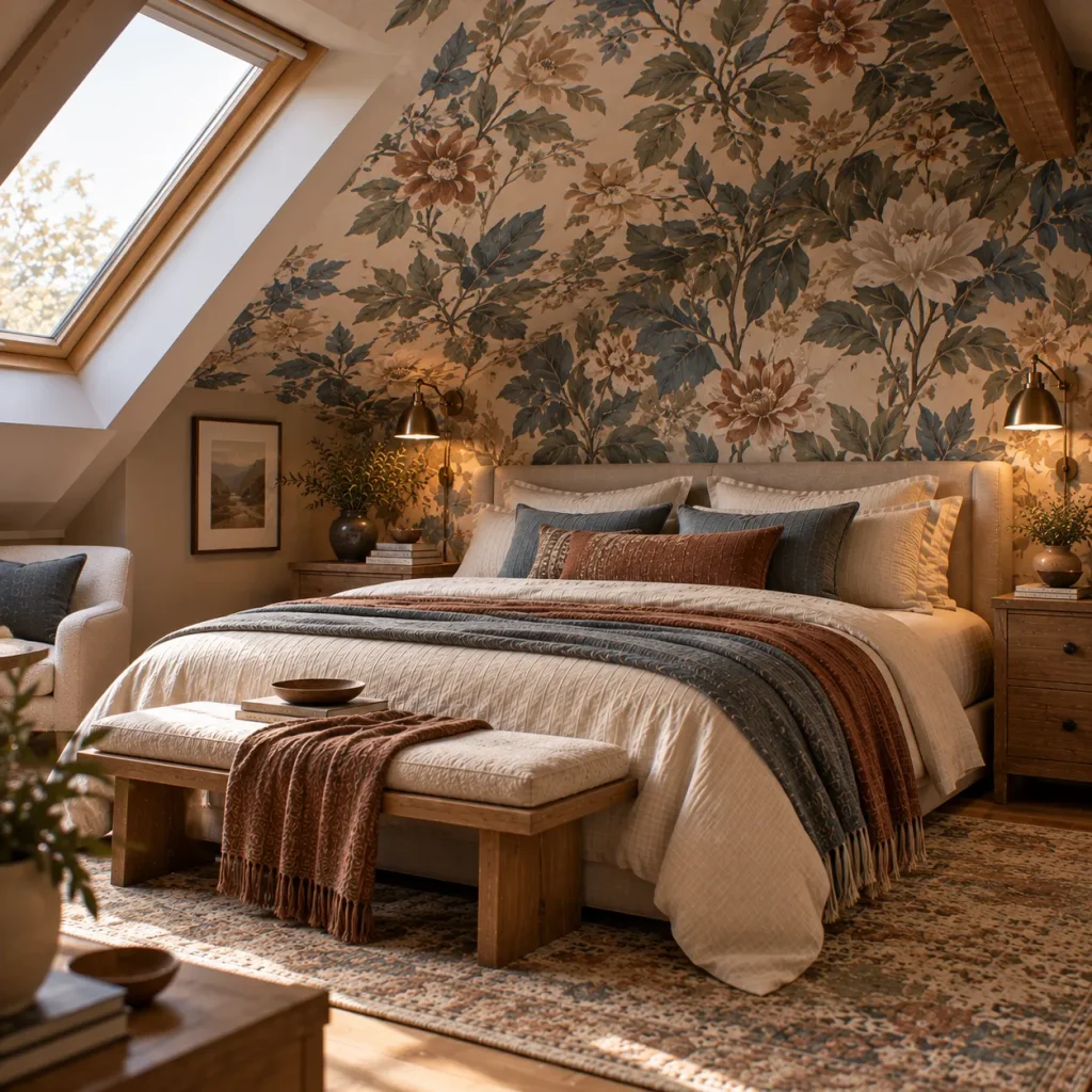 15 bedroom accent wall ideas That Feel Architectural, Not Dated 6 Continue the wallpaper onto the ceiling edge
