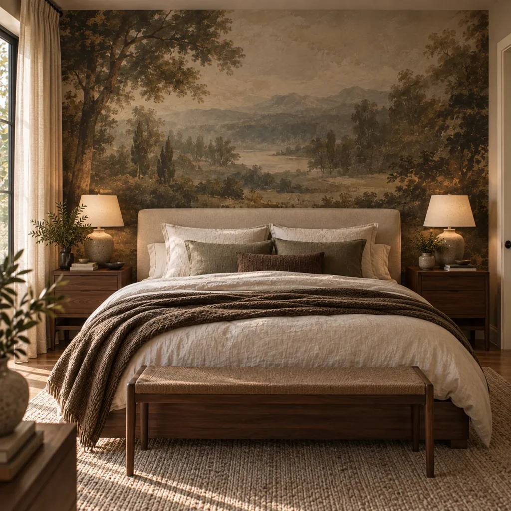 15 creative master bedroom wall decor ideas That Feel Personal, Not Generic 4 Create a scenic mural behind the bed
