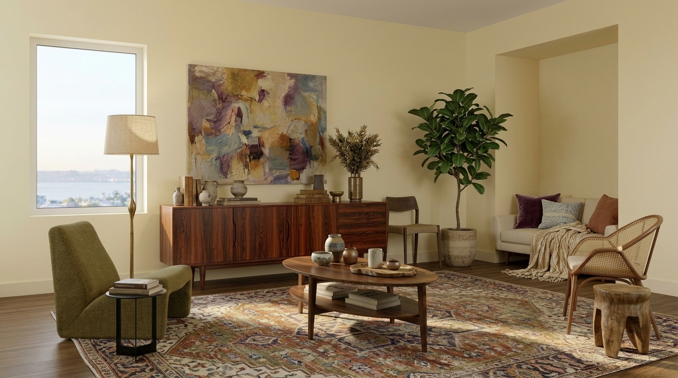 10 Ideas for Combining Boho with Mid Century Modern for Living Rooms That Feel Collected 1 Featured Image