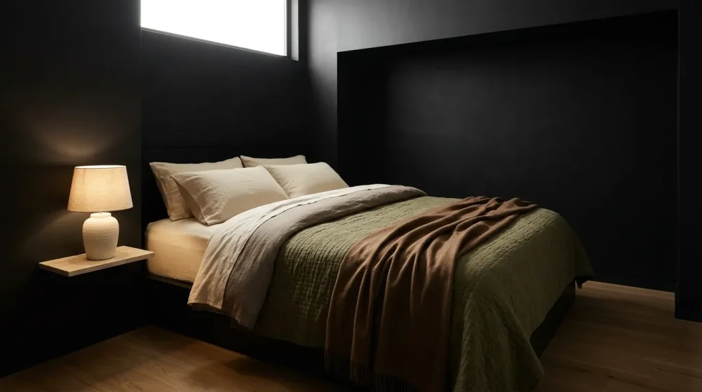 10 black bedroom aesthetic tips for a Moody, Sophisticated Retreat 5 Give the Bed Contrast With Cream, Mushroom, Tobacco, or Olive