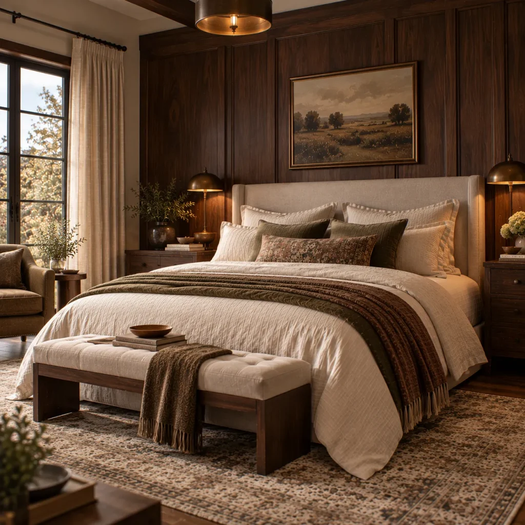 15 bedroom accent wall ideas That Feel Architectural, Not Dated 8 Go darker with walnut or espresso-toned wood