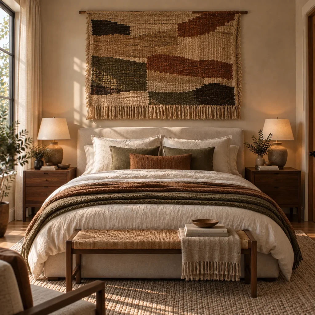 15 creative master bedroom wall decor ideas That Feel Personal, Not Generic 6 Hang a textile above the bed