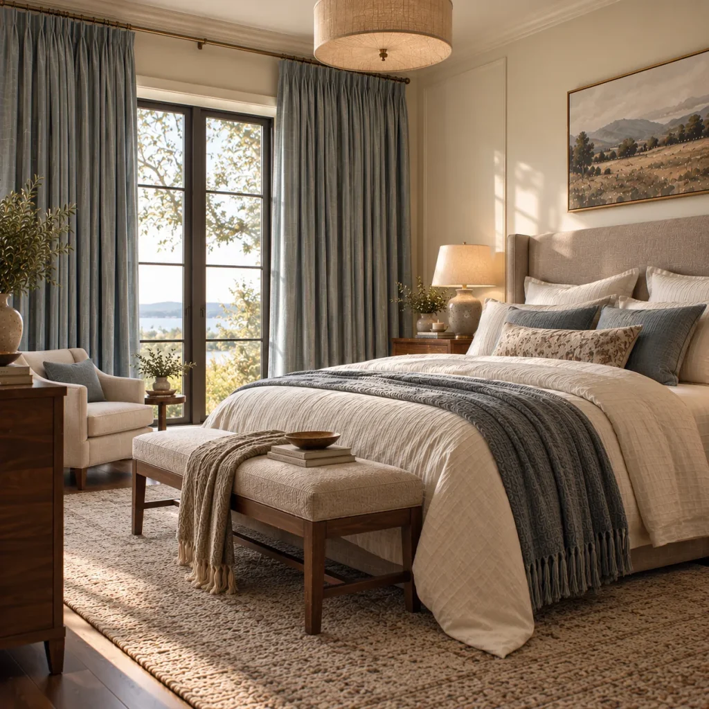 12 master bedroom decor tips for a Calm, Personal Retreat 10 Hang substantial curtains at the right scale