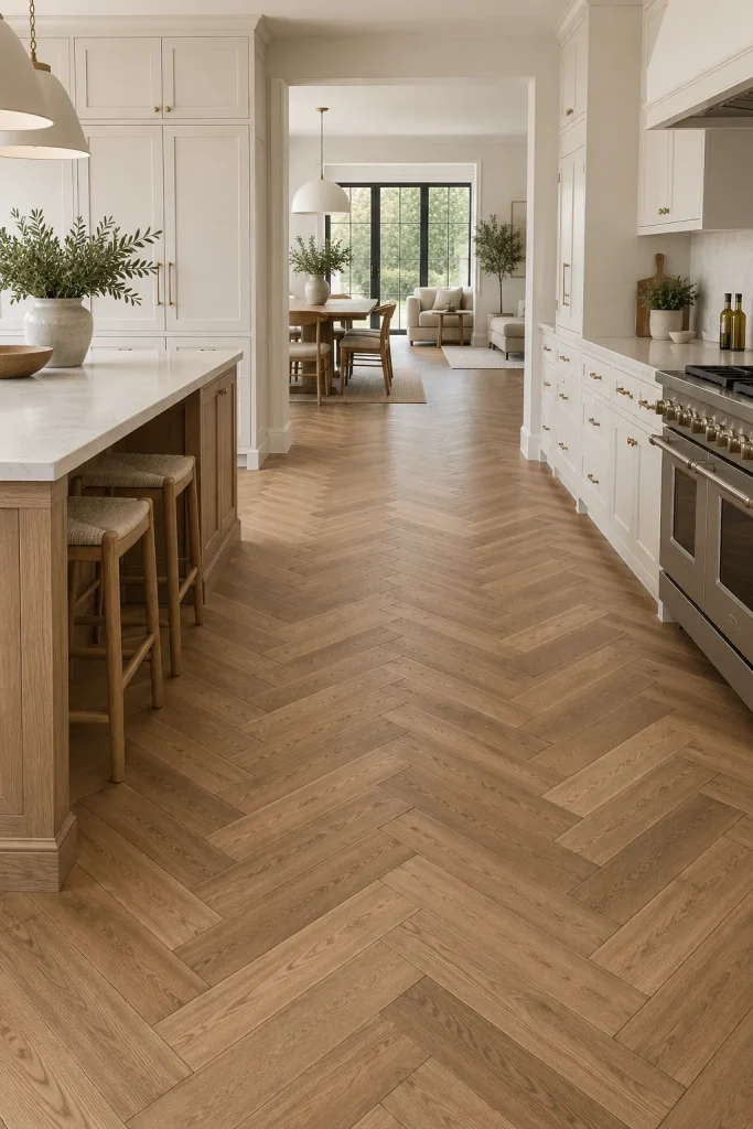 12 kitchen flooring ideas That Balance Style, Durability, and Everyday Life 3 Herringbone or Parquet as the Main Pattern