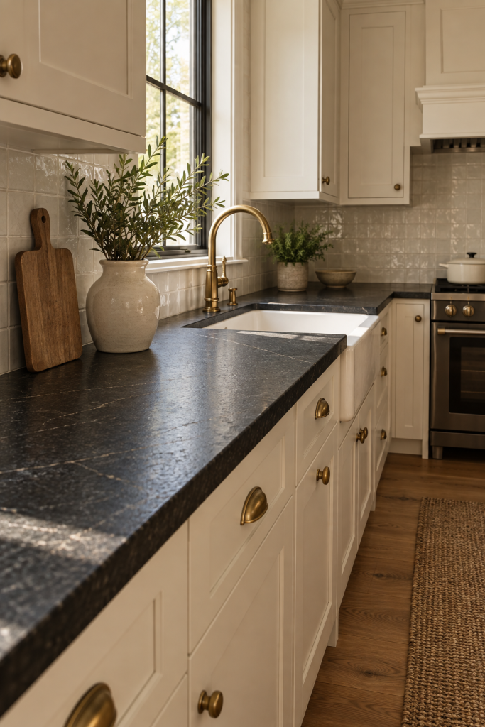 kitchen with white cabinets and black countertops: How to Make the Contrast Feel Warm and Current 2 Honed Black Granite With Warm White Shaker Cabinets
