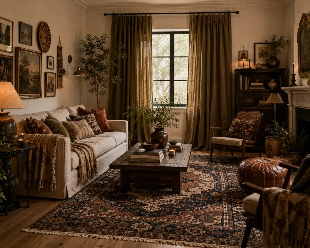 15 Boho Living Room Decor Ideas for a Layered, Collected Home 8 Idea 10 Hang curtains that feel soft and substantial