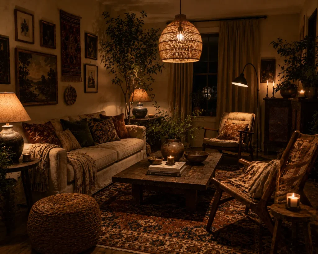15 Boho Living Room Decor Ideas for a Layered, Collected Home 10 Idea 14 Build a low, layered lighting plan