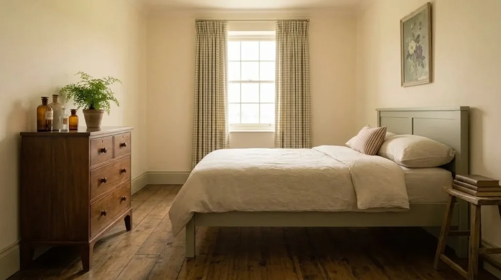12 Ideas for a Sage Green Farmhouse Bedroom That Feels Warm and Collected 10 Introduce One Traditional Floral, Check, or Stripe