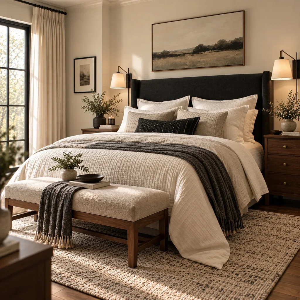 Keep the bedding mostly off-white, oatmeal, or cream