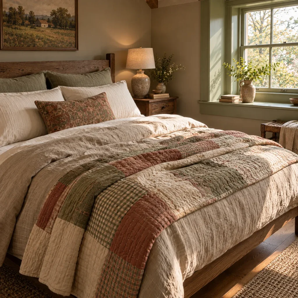 12 Ideas for a Sage Green Farmhouse Bedroom That Feels Warm and Collected 9 Layer Linen, Cotton, and a Quilt