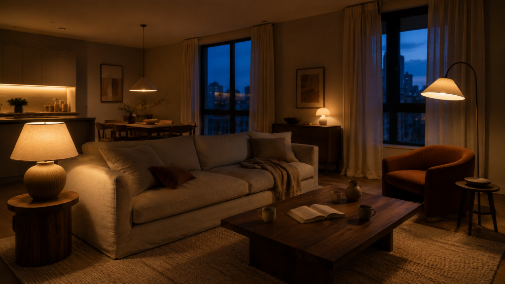 12 Cozy Apartment Aesthetic Ideas to Make Your Space Feel Warm, Stylish, and Truly Yours 4 Layer Several Small Sources of Light