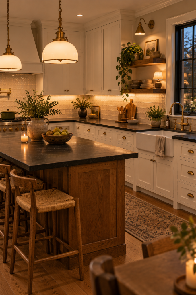 kitchen with white cabinets and black countertops: How to Make the Contrast Feel Warm and Current 5 Layer Warm Lighting Over Dark Countertops