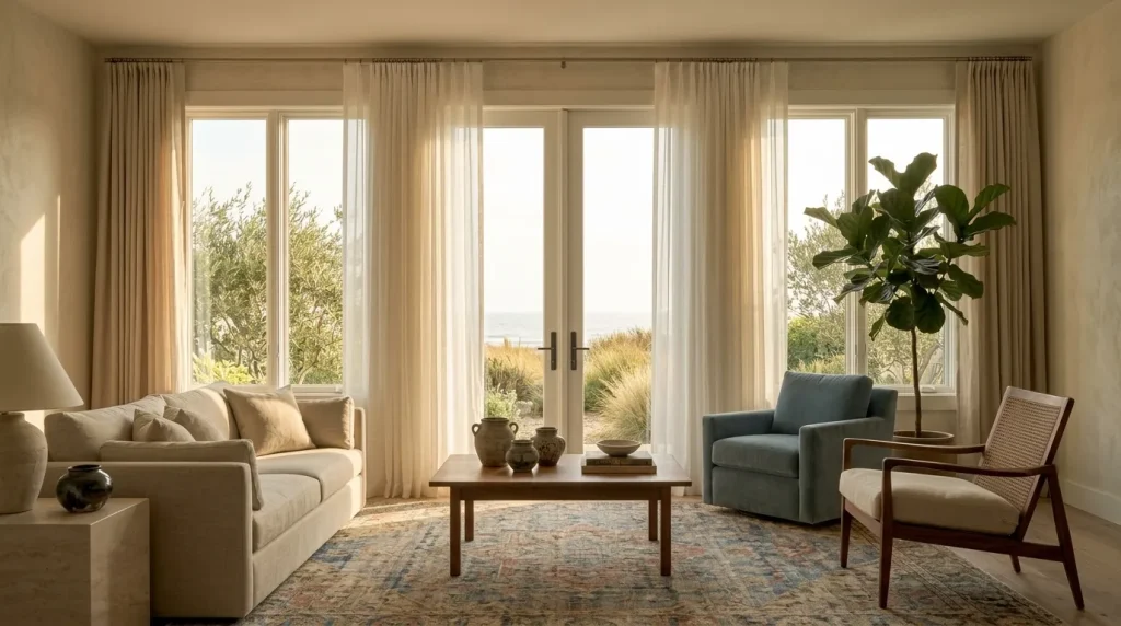 15 Coastal Living Room Ideas for a Relaxed, Collected Home 12 Let a patterned rug carry more color