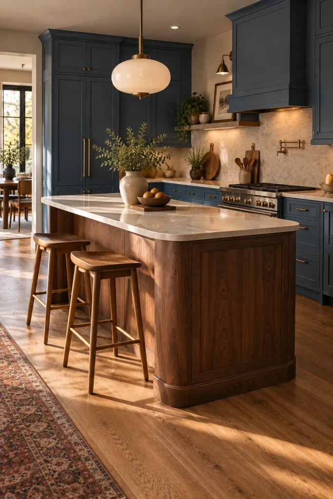 Let blue share the kitchen with wood