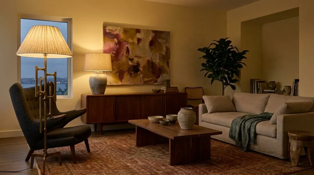 10 Ideas for Combining Boho with Mid Century Modern for Living Rooms That Feel Collected 11 Let one statement lamp connect both aesthetics