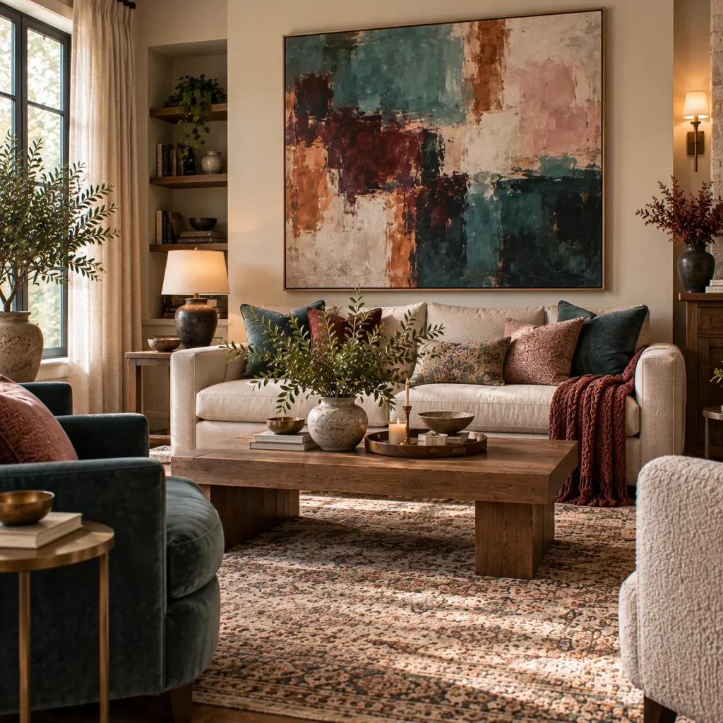 15 Vibrant Living Room Ideas That Use Color With Confidence 11 Let oversized art establish the palette