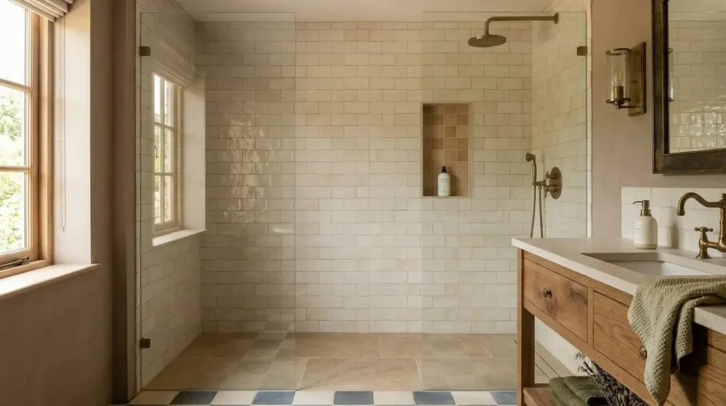10 rustic farmhouse bathroom designs for Warm Country Charm 7 Make a walk-in shower feel warmer through material