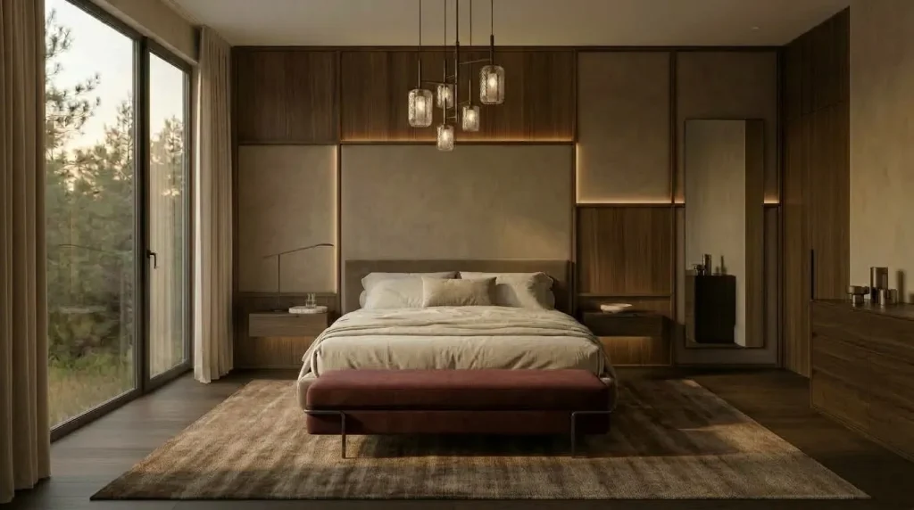 Make the nightstands quieter than the bed