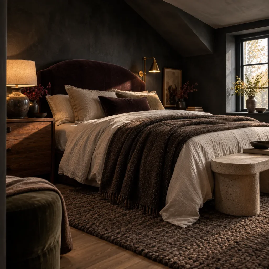 10 black bedroom aesthetic tips for a Moody, Sophisticated Retreat 6 Mix Velvet, Linen, Wool, and Smooth Finishes