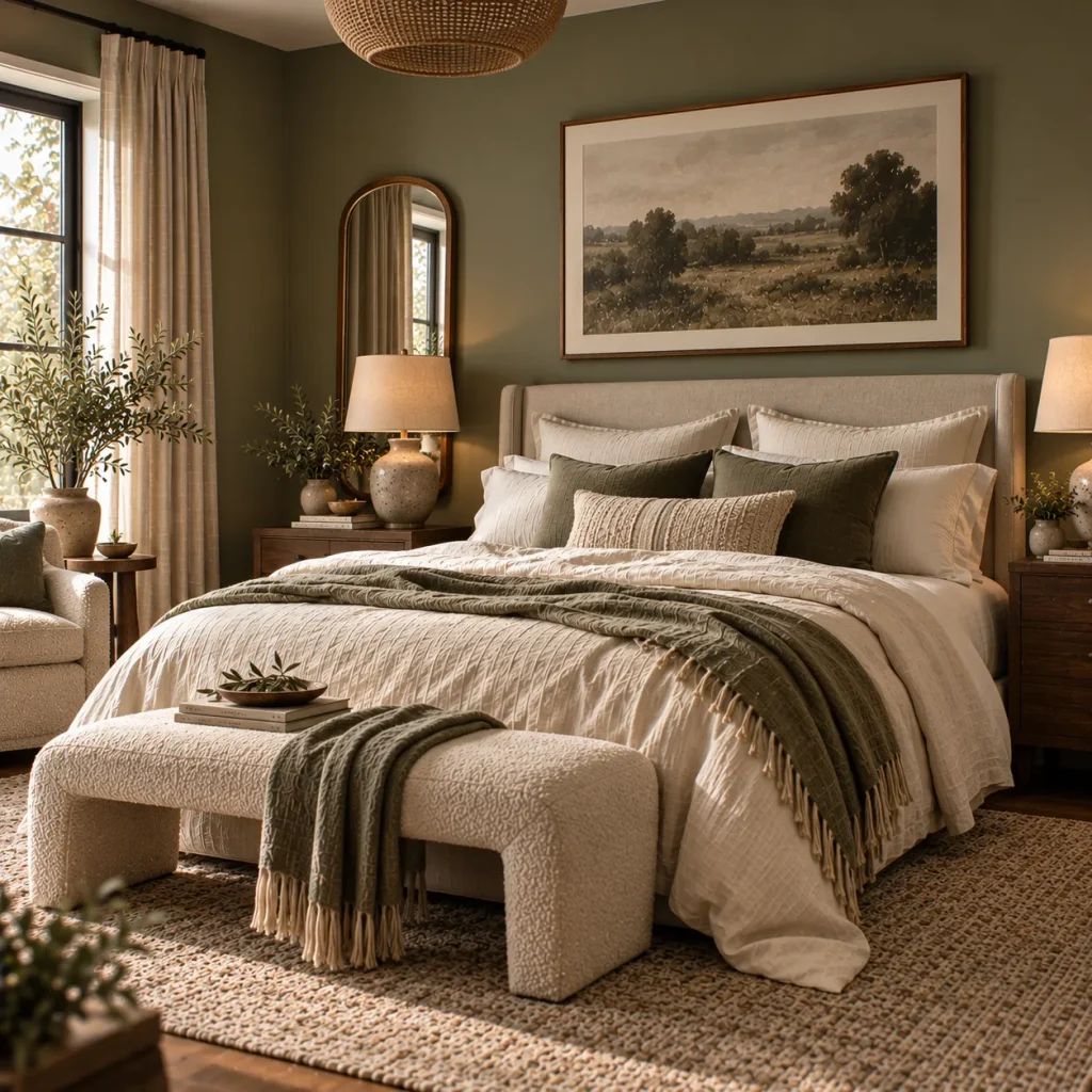 14 sage green and cream bedroom decor tips for a Soft, Layered Retreat 6 Mix linen, boucle, and cotton for tactile depth
