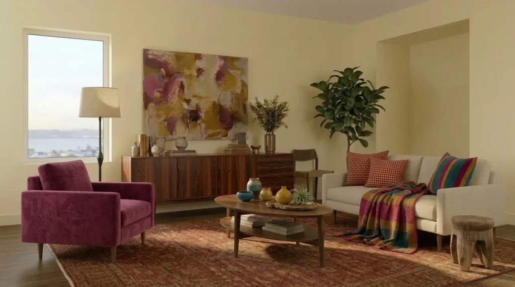 10 Ideas for Combining Boho with Mid Century Modern for Living Rooms That Feel Collected 7 Mix pattern by repeating color, not motifs