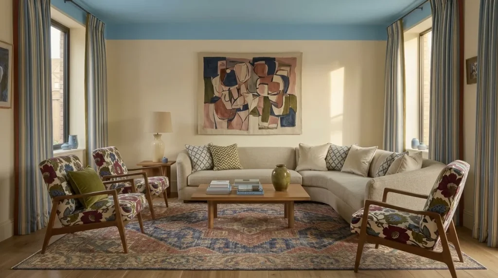 15 Vibrant Living Room Ideas That Use Color With Confidence 10 Mix stripes, florals, and geometry through repetition