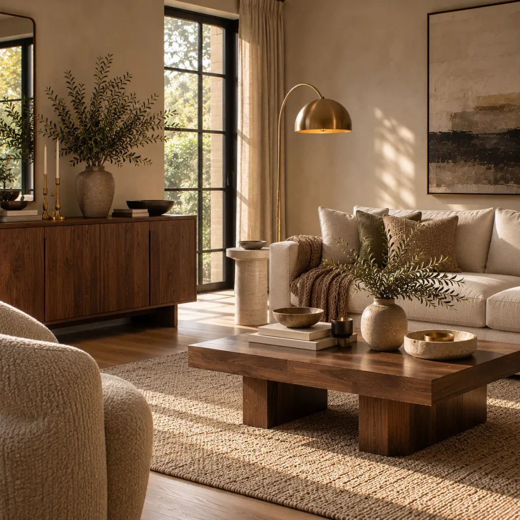 12 Minimalist Living Room Ideas for a Warm, Uncluttered Home 9 Mix warm wood with stone or metal