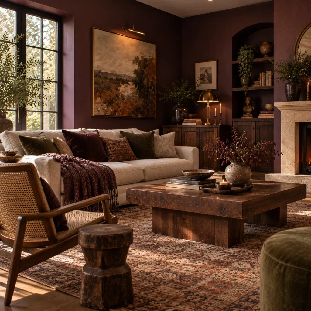 10 Dark Boho Living Room Decor Ideas for a Moody, Collected Home 4 Replace pale rattan overload with walnut and aged wood