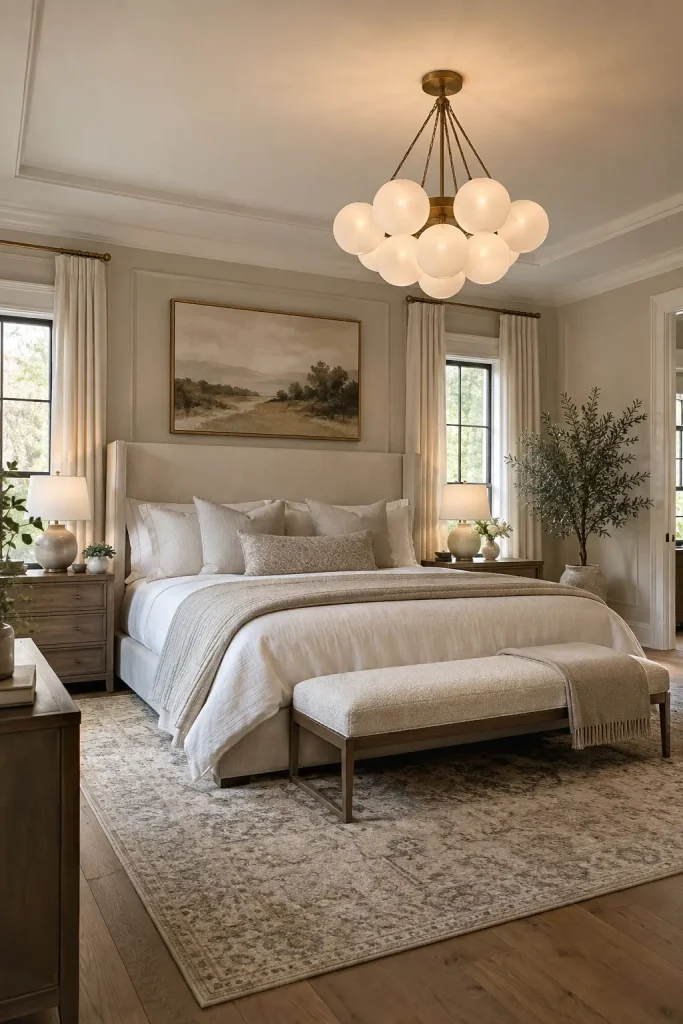 the art of bedroom chandeliers: How to Choose Light That Changes the Whole Room 2 Slightly generous chandelier over a king bed