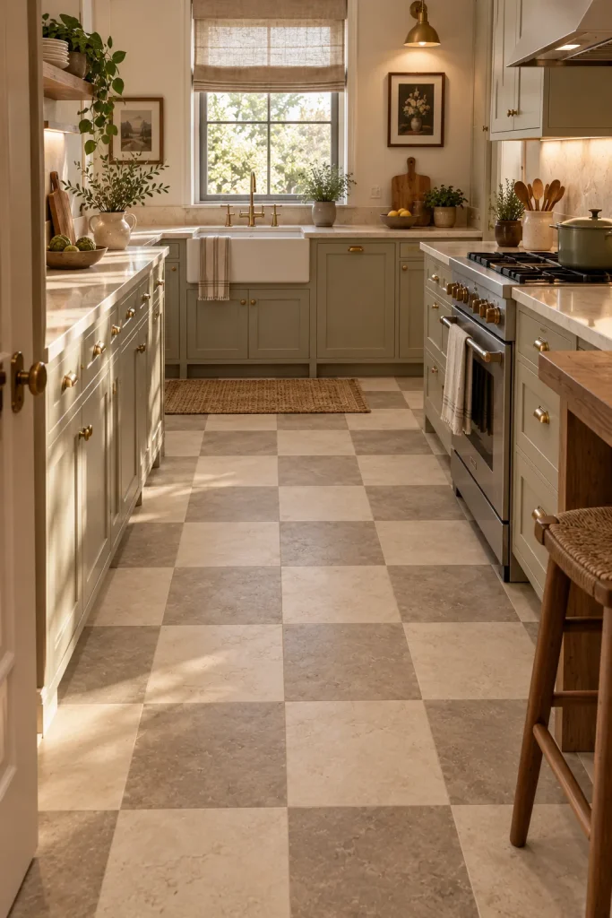 12 kitchen flooring ideas That Balance Style, Durability, and Everyday Life 7 Soft-Color Checkerboard for a Small Kitchen