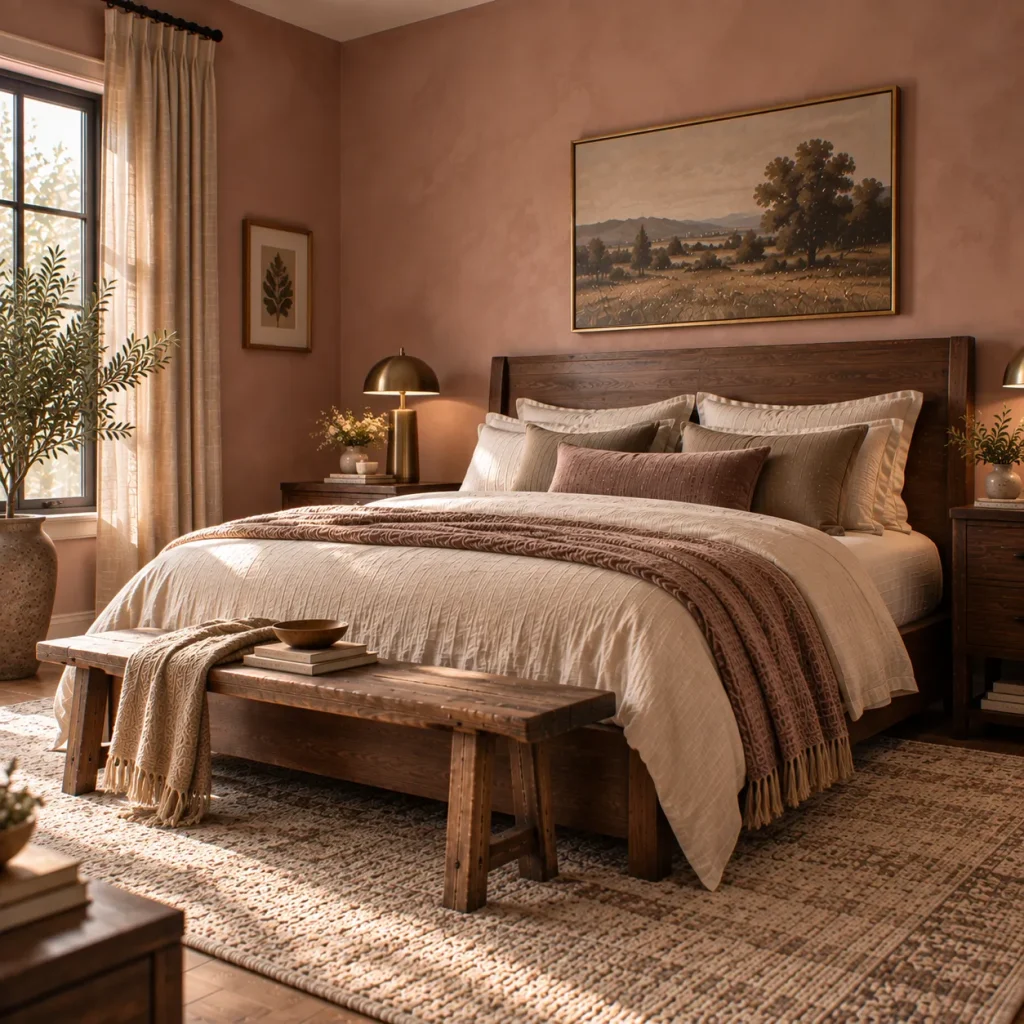 Start with dusty rose, mauve, or plaster pink