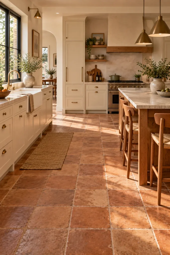 12 kitchen flooring ideas That Balance Style, Durability, and Everyday Life 5 Terracotta for a Warm Contemporary Kitchen